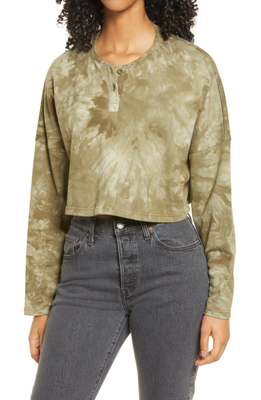 Bp Tie Dye Crop Henley Shirt Crew Neck Long Sleeve Green Size Extra-Small
